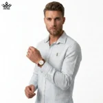 پیراهن آستین بلند کتان راه‌ راه POLO کد 3607 رنگ آبی آسمانی