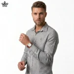 پیراهن آستین بلند کتان راه‌ راه POLO کد 3607 رنگ زغالی